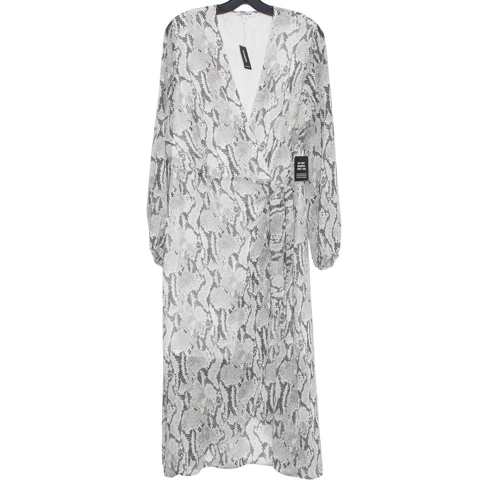 NWT Express Snake Print Wrap Dress Sheer Gray Maxi L Resort Vacation Going Out